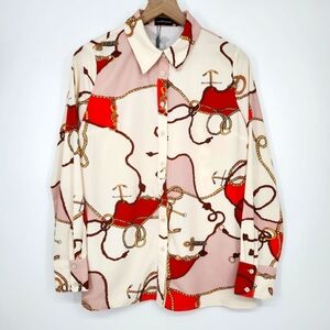 Multi-Colored Womens Button Front Top Size 4 Nautical Anchor Maximalism Eclectic